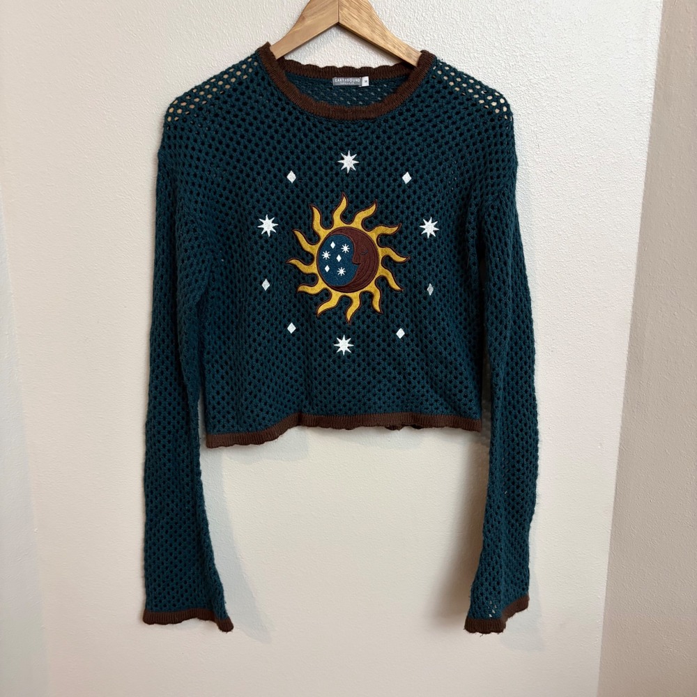 Earthbound Trading Co Sun Moon Star Open Knit Sweater Size M Celestial Boho Teal